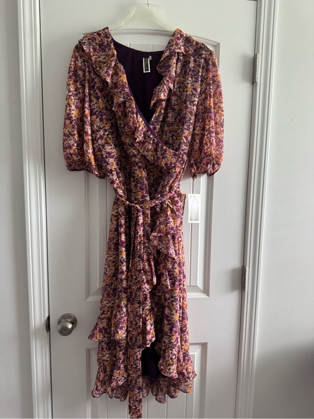 Julian Taylor Purple Floral Wrap Midi Dress with Ruffle Trim - Picture 3 of 7